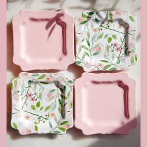 Pink Floral Ceramic Square Dessert Plates - Set of 4